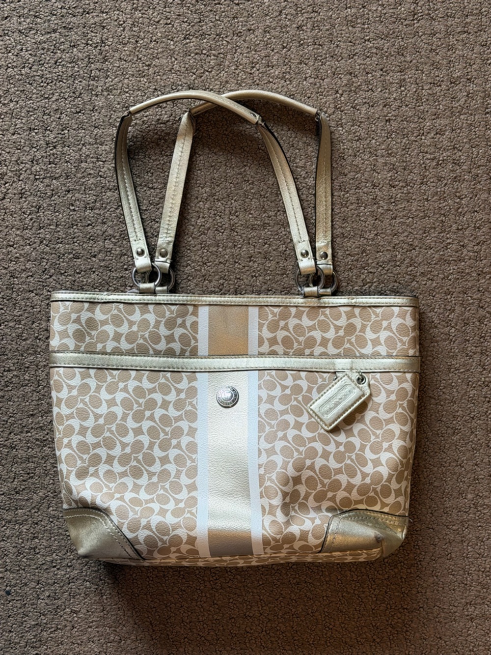 Coach Khaki & Chalk Signature Stripe Tote with Metallic Trim